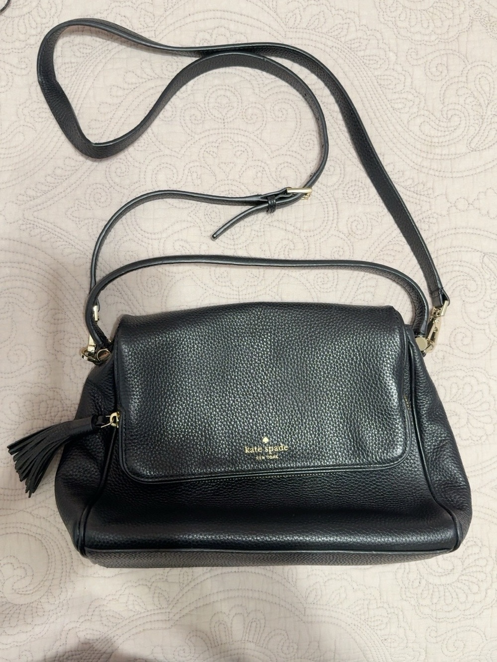 Kate Spade Black Pebbled Leather Satchel Crossbody Shoulder Bag Tassel